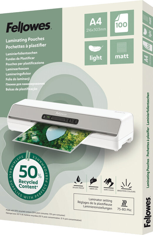 Fellowes Laminierfolien A4 – 80 µm, matt, 100 Stück