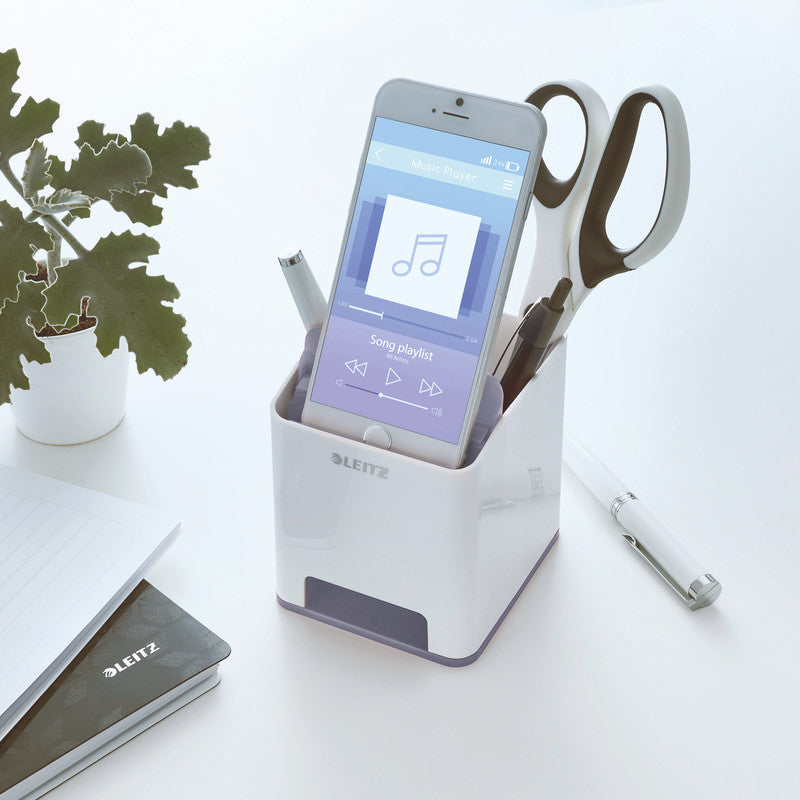 Leitz WOW 53631001 Stifteköcher – 2 Fächer, mit Smartphone-Fach, Soundverstärkung, Weiss, Polystyrol (PS)