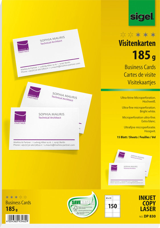 Sigel Visitenkarten, 85 × 55 mm – A4, 10 pro Blatt – 150 Karten – FSC-zertifiziert, beidseitig bedruckbar