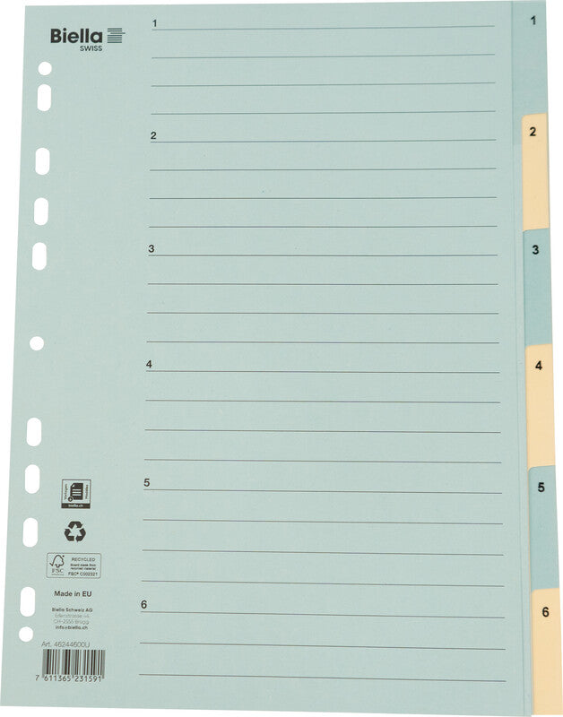 Biella Register – A4, 6-teilig, Karton, blau/gelb, vorgedruckt, 11-fach gelocht, verstärkte Tabs – für A4