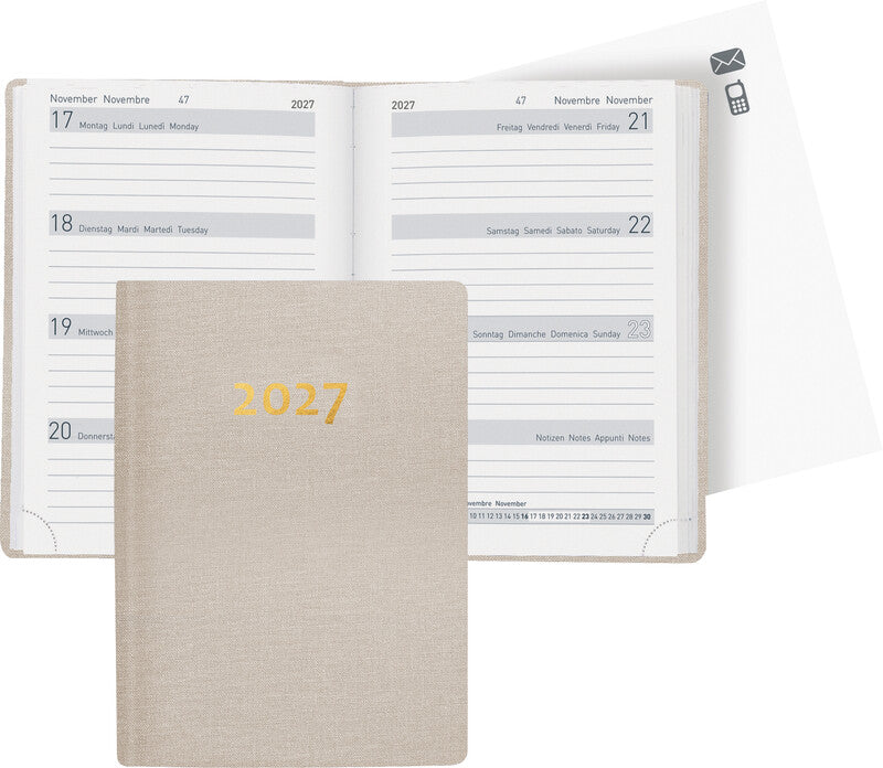 Biella Memento Agenda – 1 Woche/2 Seiten, gebunden, 10,1 × 14,2 cm, 2027, Beige, FSC