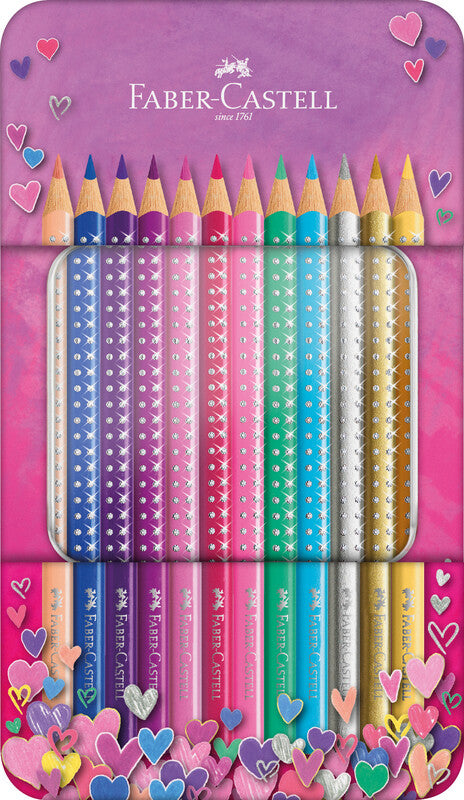 Faber-Castell Aquarellfarbstifte Grip Sparkle – 12 Farben, im Metalletui, Ø 3 mm, dreikantig, FSC