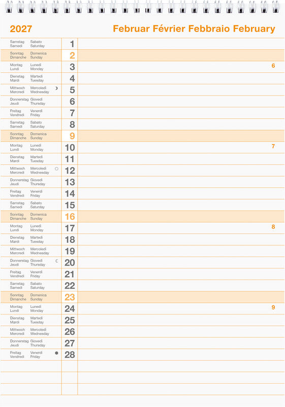 Biella Wandkalender – viersprachig d/f/i/gb – 2027 – Spiralbindung – 21 × 29,7 cm