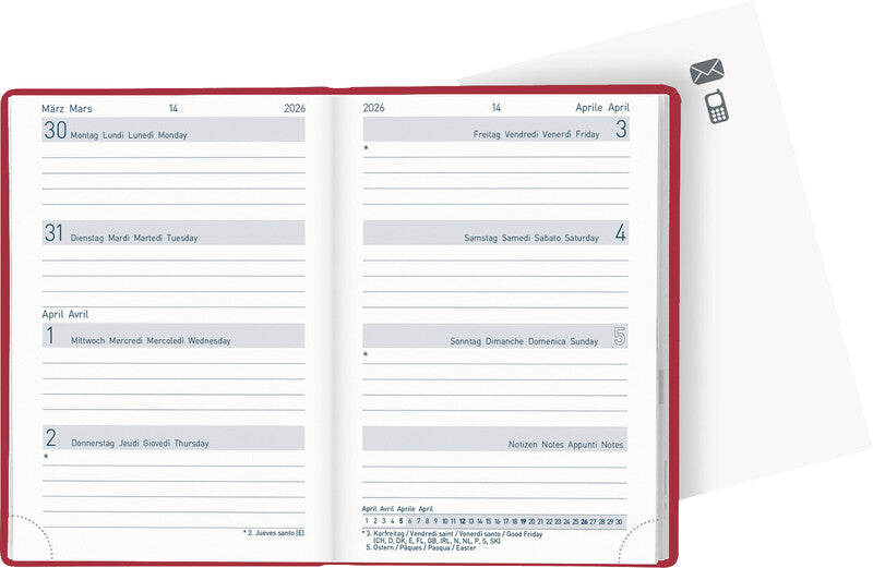 Biella Taschenagenda – 1 Woche/2 Seiten, gebunden, 7,6 × 11,0 cm, 2026, mehrsprachig, rot, FSC