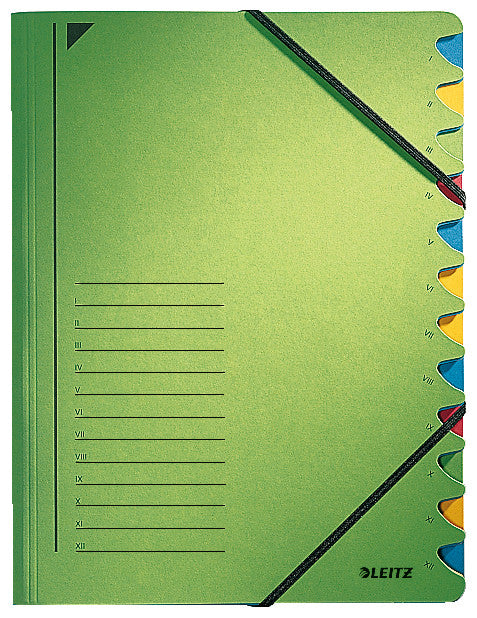 Leitz Fächermappe A4 – 12 Fächer, Gummiband, Karton, Grün, farbige Greifauschnitte