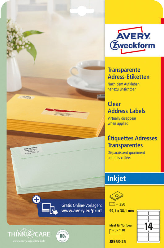 Avery Inkjet-Etiketten, 99 mm × 38 mm, transparent, Folie, permanent, 25 Blatt (350 Etiketten)