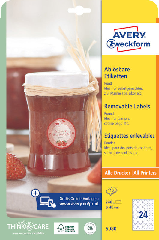 Avery Druckeretiketten, Ø 40 mm, weiss, Papier, wiederablösbar, 10 Blatt (240 Etiketten)
