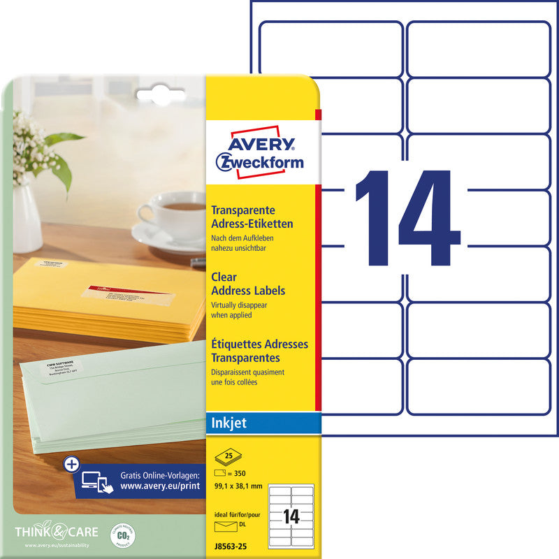 Avery Inkjet-Etiketten, 99 mm × 38 mm, transparent, Folie, permanent, 25 Blatt (350 Etiketten)