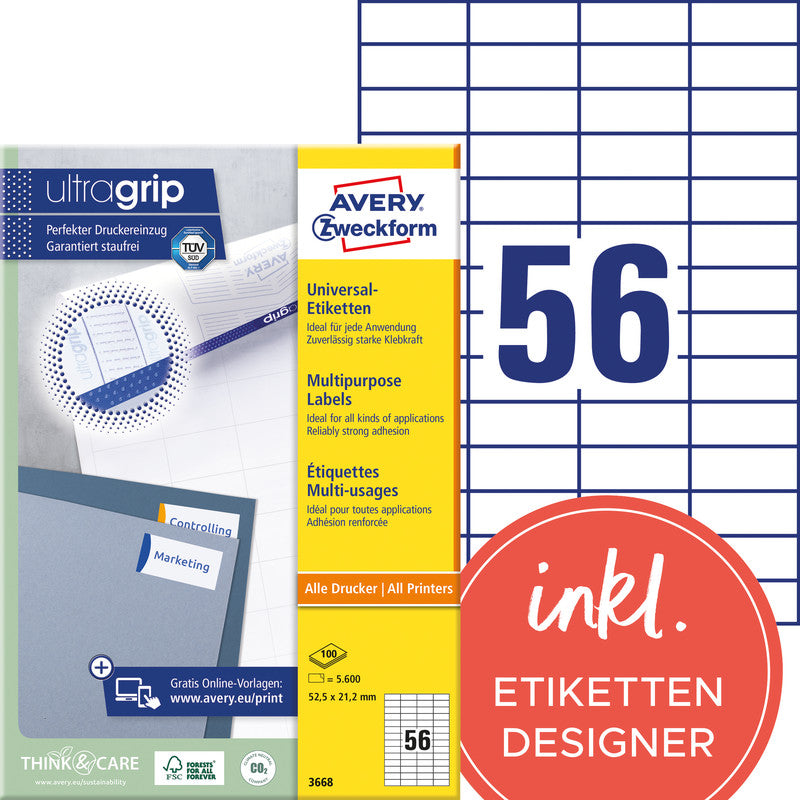 Avery Druckeretiketten, 52,5 mm × 21,2 mm, weiss, Papier, permanent, 100 Blatt