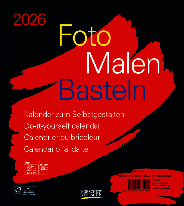 Korsch Bastelkalender 2026 – 21,5 × 24 cm – mit Tagesfeldern, mit Aufhänger
