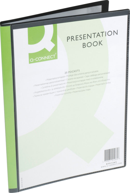 Q-CONNECT Sichtbuch – 20 Sichttaschen, A4, mit Fronttasche, genarbt, antireflex, schwarz, Kunststoff