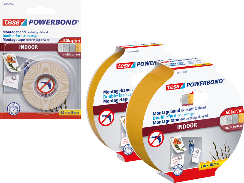 Tesa Powerbond Montageband, stark, für den Innenbereich, für glatte Oberflächen – 38 mm × 5 m, weiss, bis 5 kg/10 cm