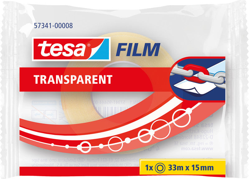 TESA Büro-Klebeband – permanent, klar, Kunststoff, 15 mm × 33 m, Kern Ø 26 mm