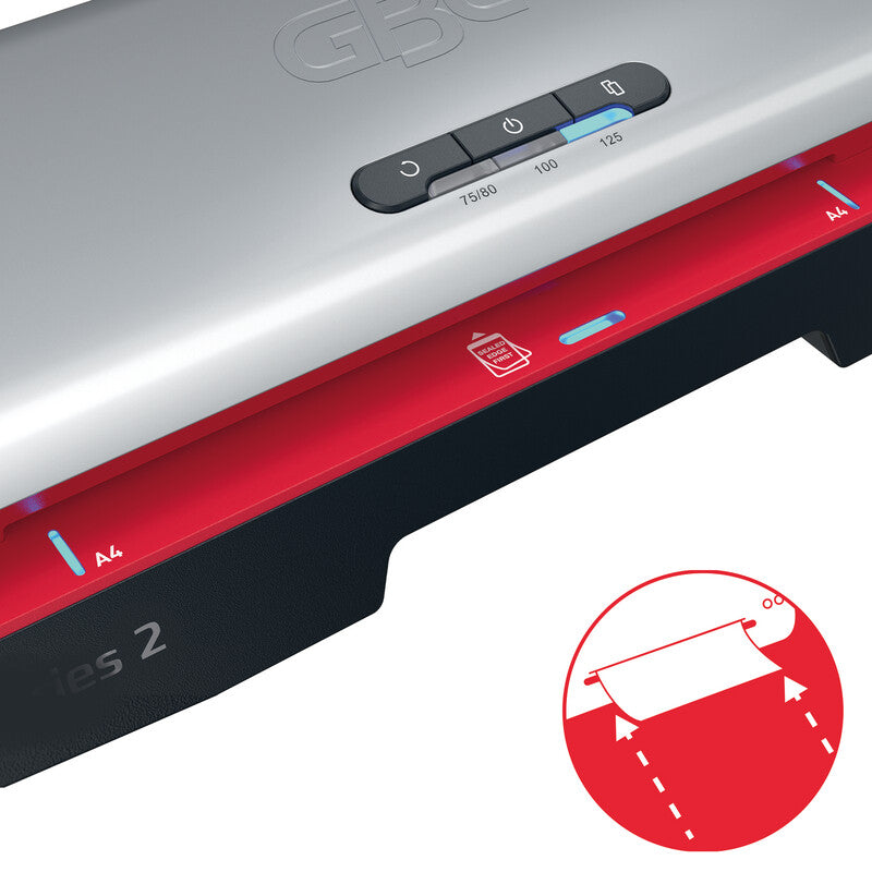 GBC Laminiersystem 250 Laminiergerät A4 – 2-Rollen, 75–125 µm, Aufheizzeit 1 Min., 500 mm/min, Silber