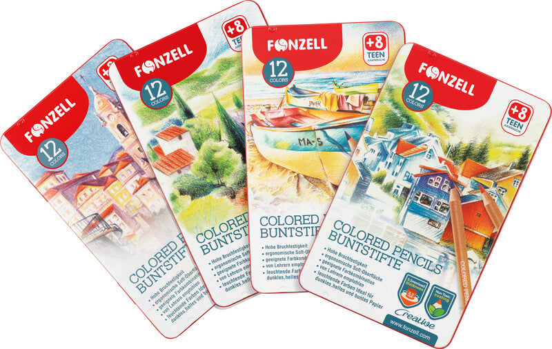 Fonzell Creative Farbstifte-Set – 12 Farben, rund, Mine Ø 3,3 mm, Metallschachtel