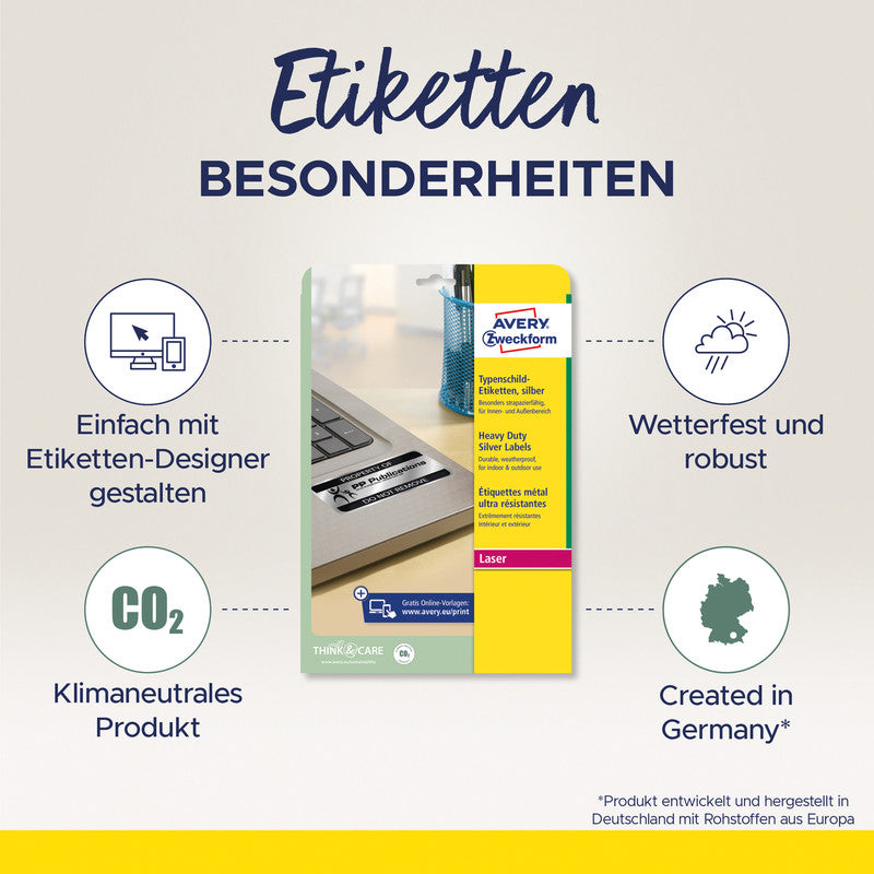 Avery Typenschild-Etiketten, 64 mm × 30 mm, silber, Folie, permanent, 540 Etiketten (20 Blatt)