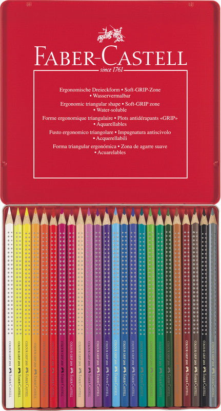 Faber-Castell Aquarellfarbstifte Colour Grip 2001 – 24 Farben, im Metalletui, Ø 3 mm, dreikantig, FSC