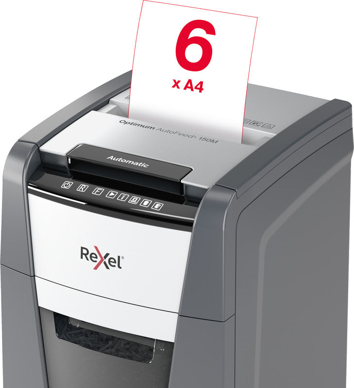 Rexel Optimum AutoFeed+ 150M – Aktenvernichter mit Autofeed 150 Blatt, DIN P-5, Mikroschnitt 2 × 15 mm, 44 l