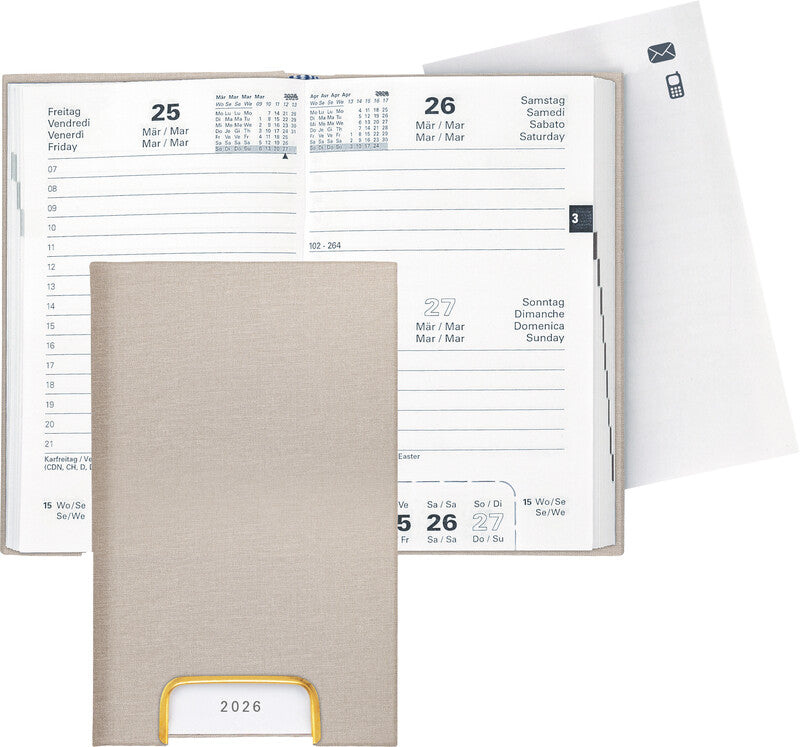 Biella Disponent Agenda – 1 Tag pro Seite, gebunden, 10,1 × 16 cm, 2026, 1-Stunden-Takt, beige, FSC