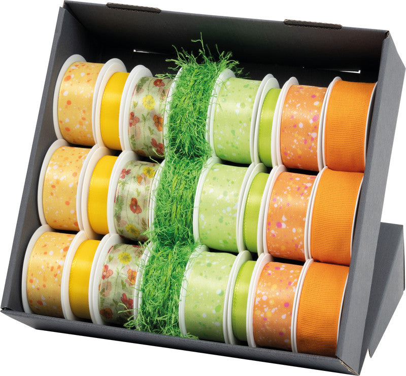Goldina Geschenkband – Frühling – farbig sortiert – 24 Rollen (verschiedene Breiten/Längen)