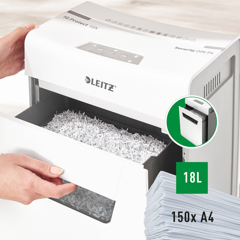 Leitz IQ 10X Protect Premium – Aktenvernichter, DIN P-4, Partikelschnitt 4 × 28 mm, 10 Blatt, 18 l, A4