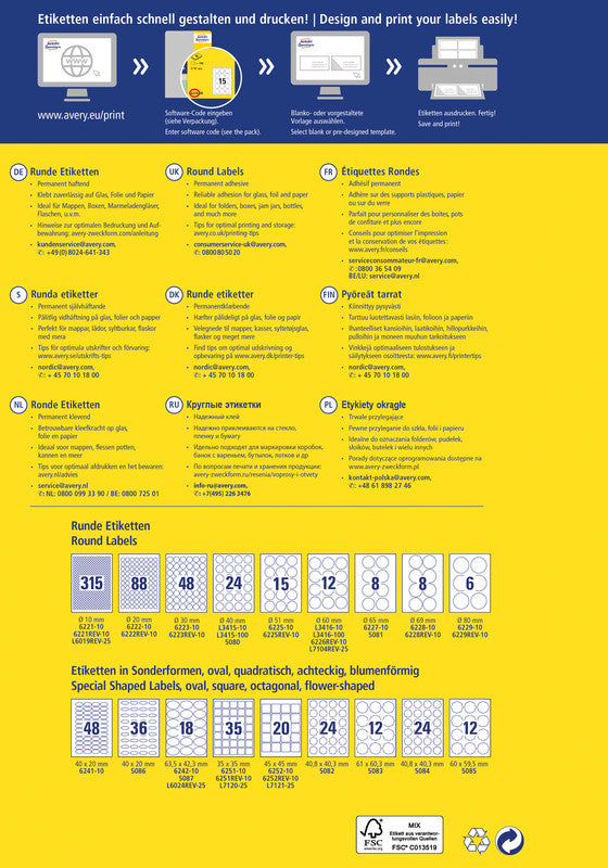Avery Druckeretiketten, Ø 20 mm, weiss, Papier, permanent, 880 Etiketten (10 Blatt)