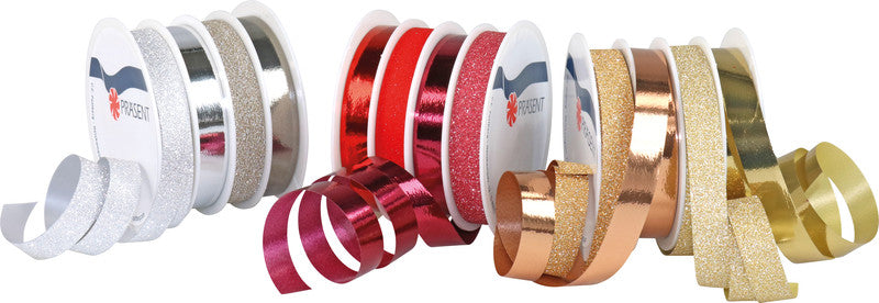 Präsent Geschenkband – Glitter, Weihnachten – 10 mm × 20 m – 3 Farben (Gold, Rot, Silber)