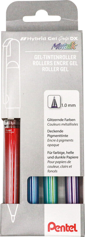 Pentel Hybrid Gel Grip DX Gelschreiber 4er Etui – 4 Farben, 1 mm, wasserfest, lichtbeständig, Kappe