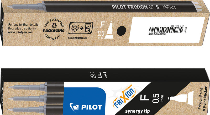 Pilot Rollerpatronen FriXion – schwarz, 0,5 mm, löschbar, geruchsarm, 3 Stk.