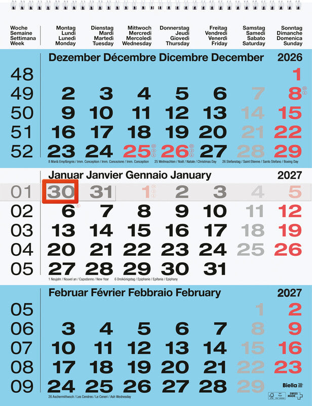 Biella 3-Monats-Kalender – 3 Monate pro Blatt – 2027 – Datumsschieber – 31 × 40 cm
