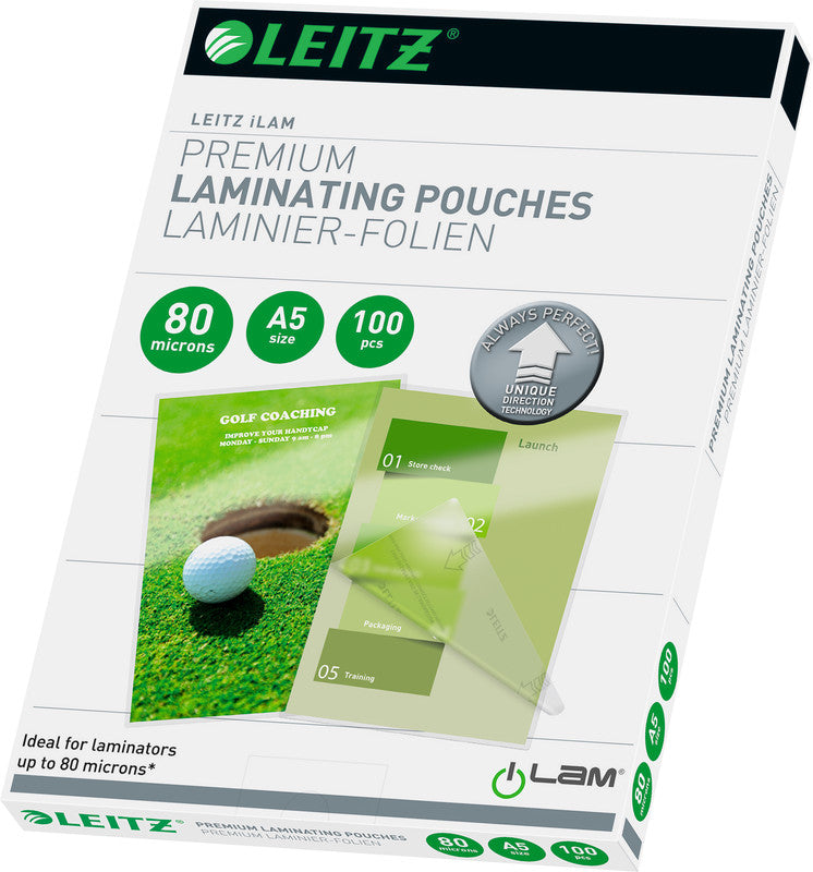 Leitz Laminierfolien A5, glänzend – 80 µm, 153 × 216 mm, 100 Stk.