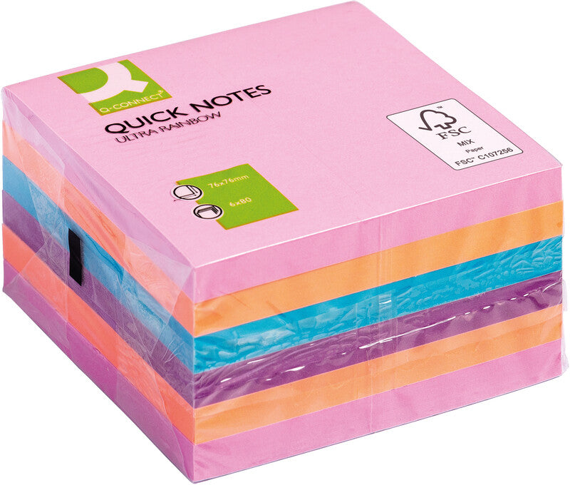 Q-Connect Haftnotizen – 76×76 mm – sortiert, 6×80 Blatt, recyclingfähig