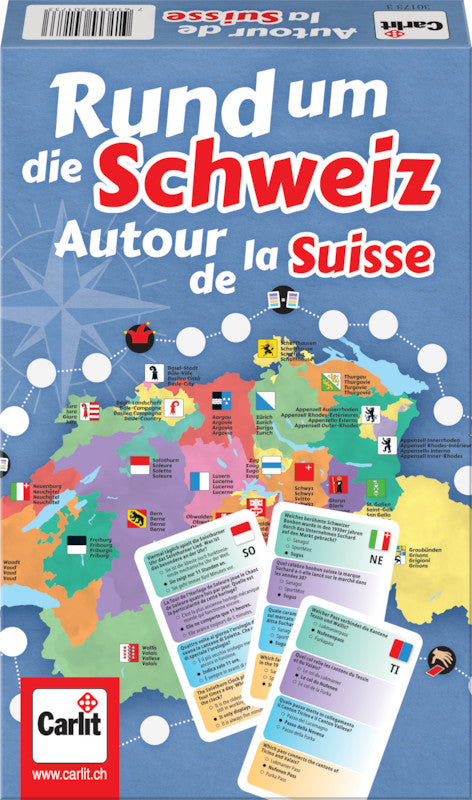 Carlit Brettspiel Rund um die Schweiz – 2–4 Spieler, ab 7 J., d/f/i, 115 × 37 × 183 mm, Karton, mehrfarbig