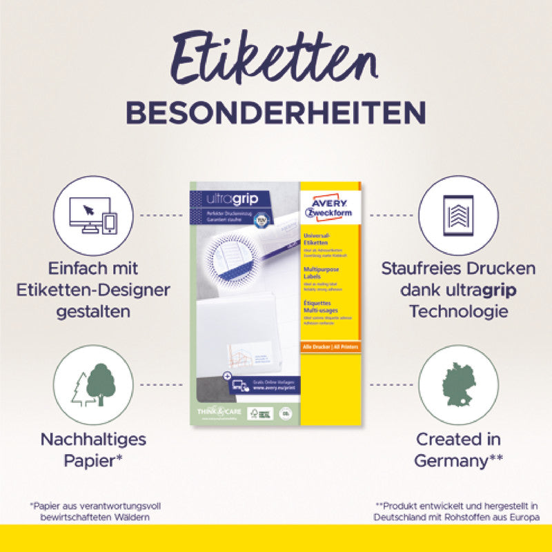 Avery Etikettenbogen, 105 mm × 37 mm, weiss, Papier, permanent, 100 Blatt (1600 Etiketten)
