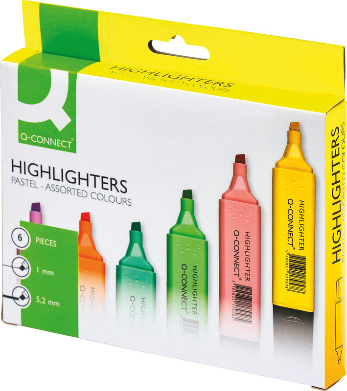 Q-CONNECT Textmarker Set 6 Farben Pastell – Keilspitze, 1–5,2 mm