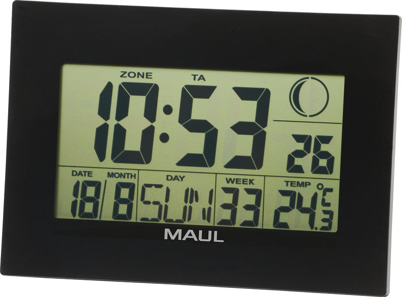 MAUL Digitale Wanduhr Flow – Funk – 23 × 16 × 5 cm, schwarz, Kunststoff, Thermometer, Mondphasen