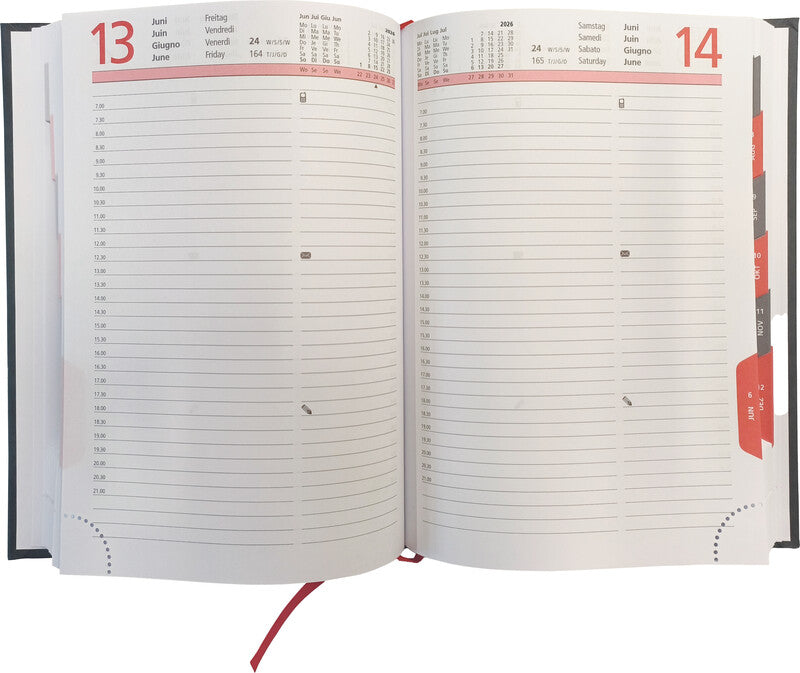 Biella Registra Plus Agenda – 1 Tag pro Seite, Gebunden, 14,5 × 20,5 cm, 2026, Halbstunden-Takt, Schwarz, FSC