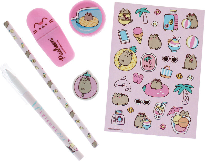 Pusheen Schreibset – 7-teilig – mit Kugelschreiber, Bleistift, Textmarker – im Etui – mehrfarbig