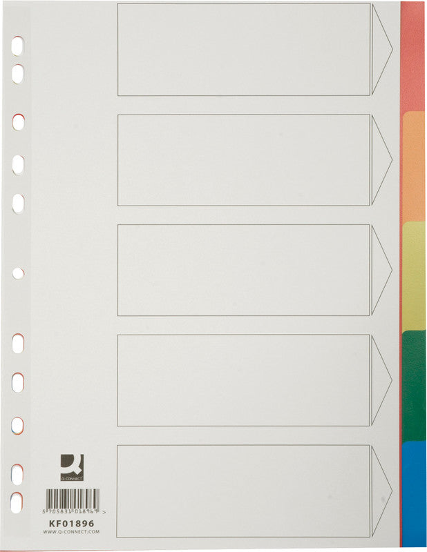 Q-connect Register – A4, 5-teilig, Kunststoff, farbig, unbedruckt, mit Indexblatt, 11-fach Lochung, für A4