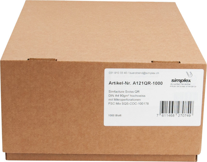 Simplex Rechnungsformular für QR-Rechnung – A4 – 90 g/m² – 1 Zahlteil – 1'000 Blatt – perforiert – FSC