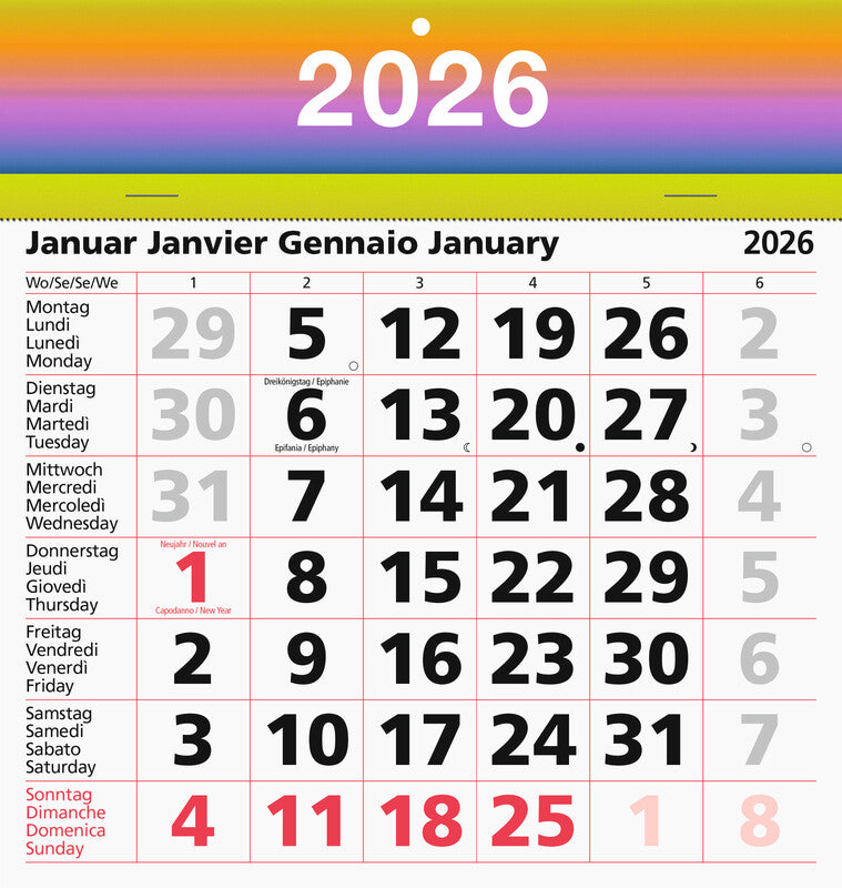 Biella Abreisskalender 1 Monat/Blatt Block 15 – viersprachig d/f/i/gb – 2026 – 16,7 × 19,8 cm