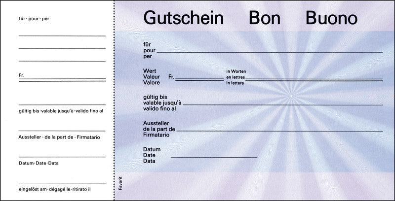 Favorit Formularblock – Geschenk-Gutscheine, Deutsch, Französisch, Italienisch, 25 Blatt, 205 × 105 mm