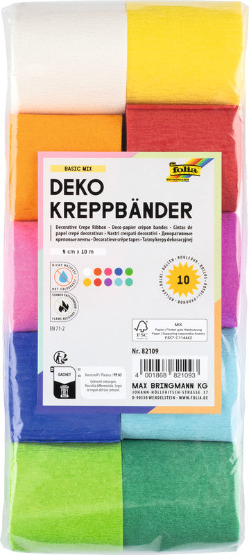 Folia Kreppbänder, sortiert, 50 mm × 10 000 mm, 10 Stück, schwer entflammbar