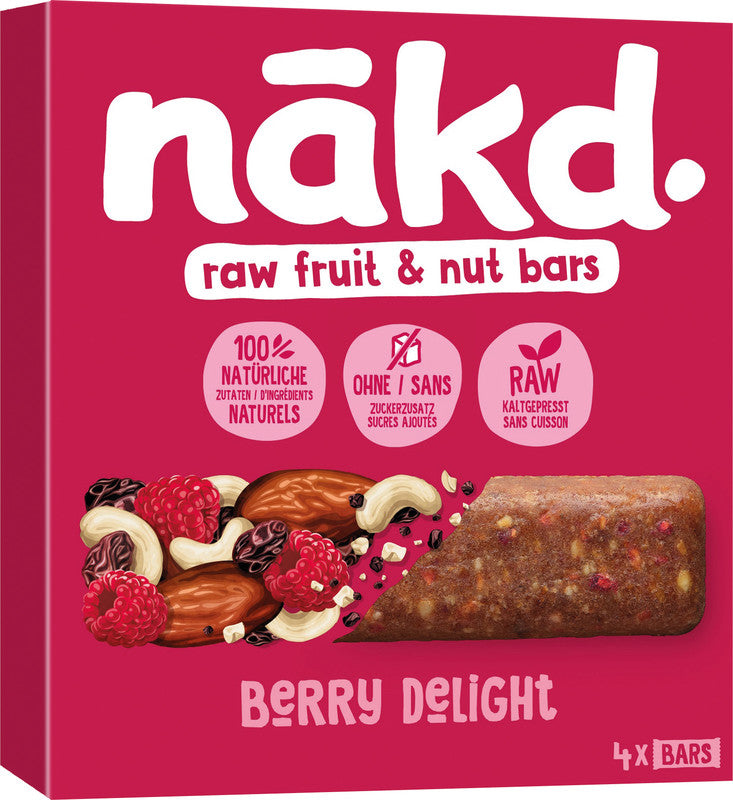 Nakd Raw Bars Riegel – Himbeere, vegan, ohne Zuckerzusatz, 4 × 35 g (140 g)