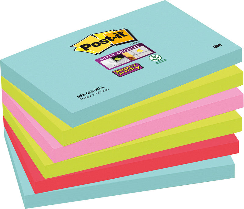 Post-it Super Sticky Haftnotizen – 127×76 mm – sortiert, 6×90 Blatt, PEFC