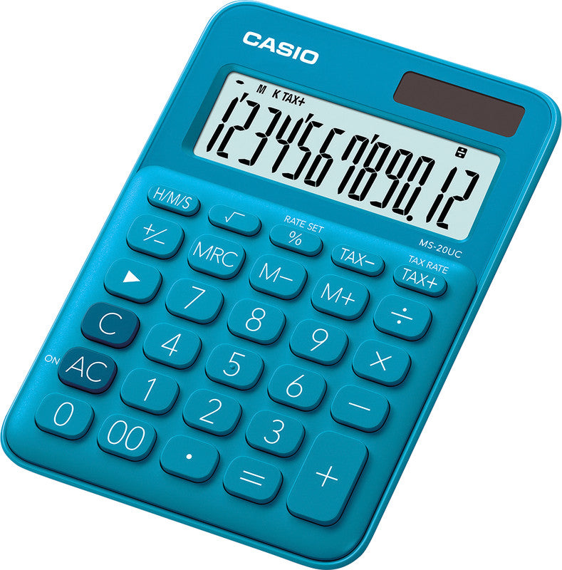 Casio Tischrechner MS-20UC – 12-stellig, LCD, Solar + Batterie, blau, 105×150×23 mm