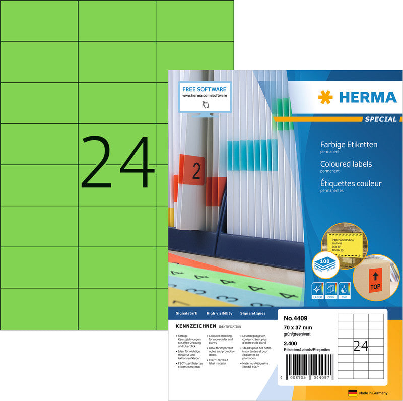 HERMA Etiketten A4 70 × 37 mm – Papier, grün – permanent haftend – 24 pro Blatt, 100 Blätter (2'400 Stk.)