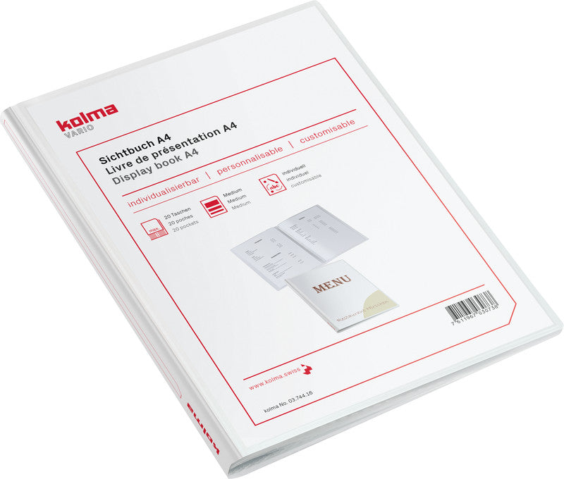 Kolma Sichtbuch Vario – 20 Sichttaschen, A4, mit Fronttasche, glatt, glänzend, weiss, Kunststoff