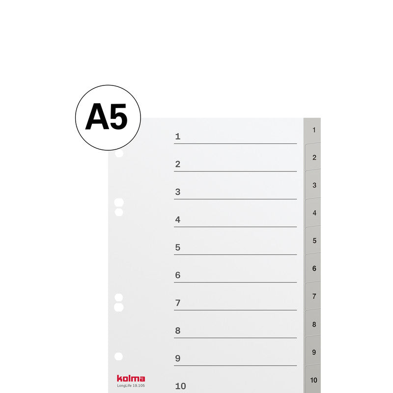 Kolma Register – 10-teilig, PVC, grau, vorgedruckt, mit Indexblatt, 2-fach Lochung, für Formate bis A5 hoch