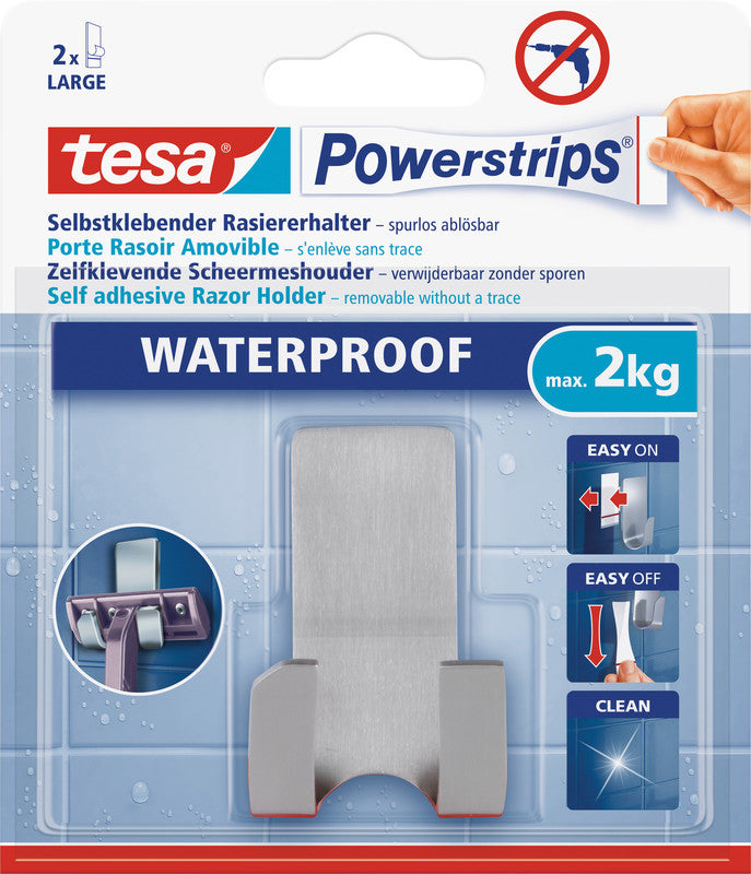 tesa Powerstrips Waterproof Zoom Handtuchhaken – Klebemontage – 4,4 × 6 × 3,6 cm – Silber – Kunststoff